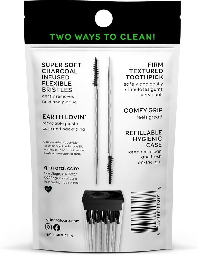 GRIN Charcoal Infused Softstx, Gentle Dental Picks, 90 Count, Soft Flexible Bristles, Textured Plaque Removing Toothpick, Minty Flavor, for Between Teeth, Refillable Hygienic Case - Image 2